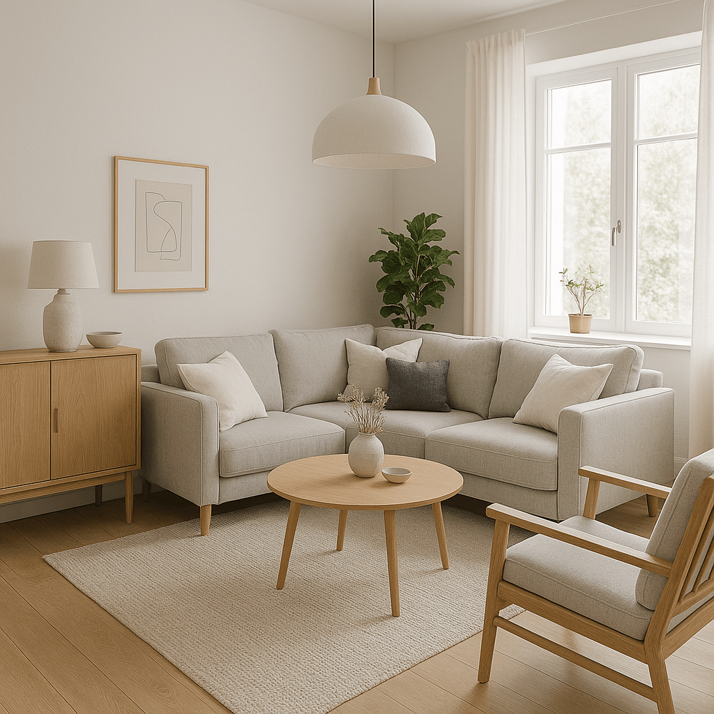 Gemütliches skandinavisches Wohnzimmer mit hellem Sofa und Holzelementen